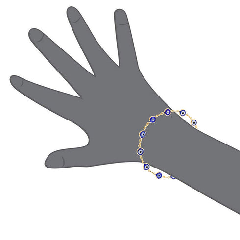 Illustration of a hand wearing the Blue Evil Eye Charm Bracelet for Protection Good Luck Turkish Nazar, featuring blue eye motifs elegantly linked on a shimmering 14k gold-filled chain.